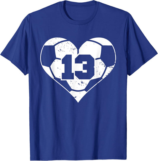 Soccer Number 13 Jersey Funny Soccer Heart Game Day T-Shirt - T-Shirt | Royal