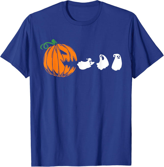Funny Halloween Pumpkin Eating Ghost, Gamer Men Women Kids T-Shirt - T-Shirt | Royal