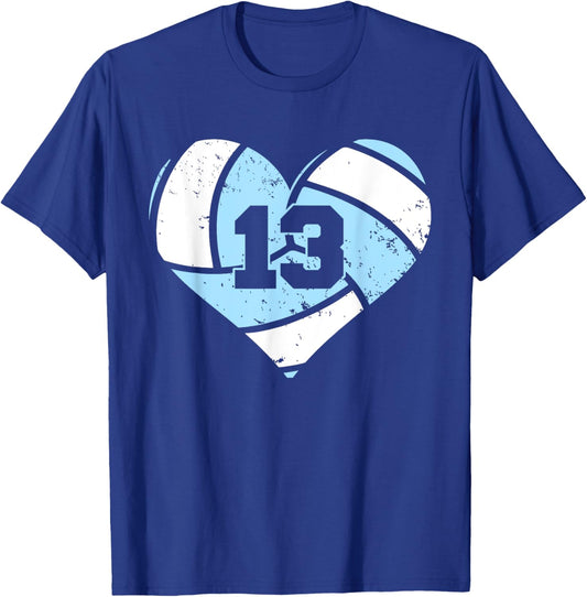 Volleyball Number 13 Jersey Funny Volleyball Heart Game Day T-Shirt - T-Shirt | Royal