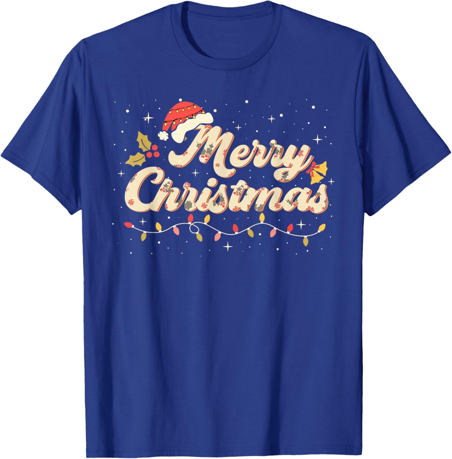 Merry Christmas Lights Red Santa Hat Xmas Family T-Shirt - T-Shirt | Royal