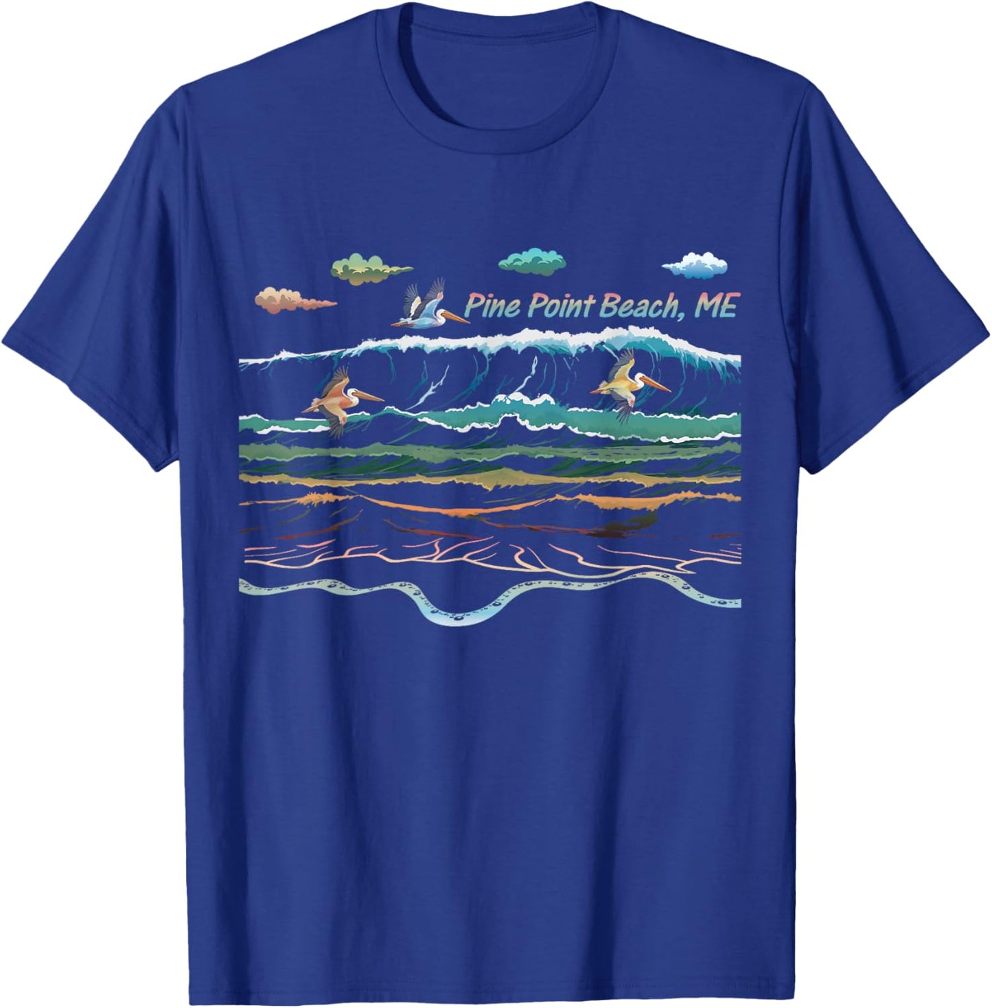 Pine Point Beach ME Beach Maine Beach Waves Pelican Birding T-Shirt - T-Shirt | Royal