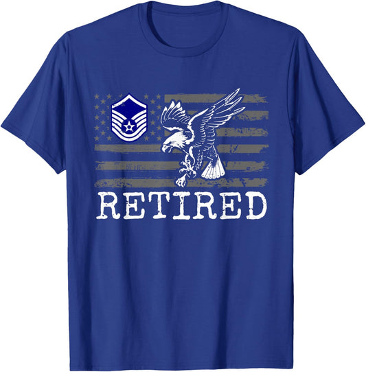 USAF Retired E7 Master Sergeant USA Flag with Eagle T-Shirt - T-Shirt | Royal