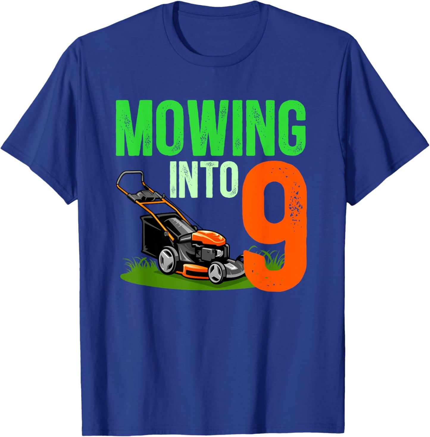 9th Birthday Party Lawn Mower 9 Year Old Lawn Mowing Boy T-Shirt - T-Shirt | Royal