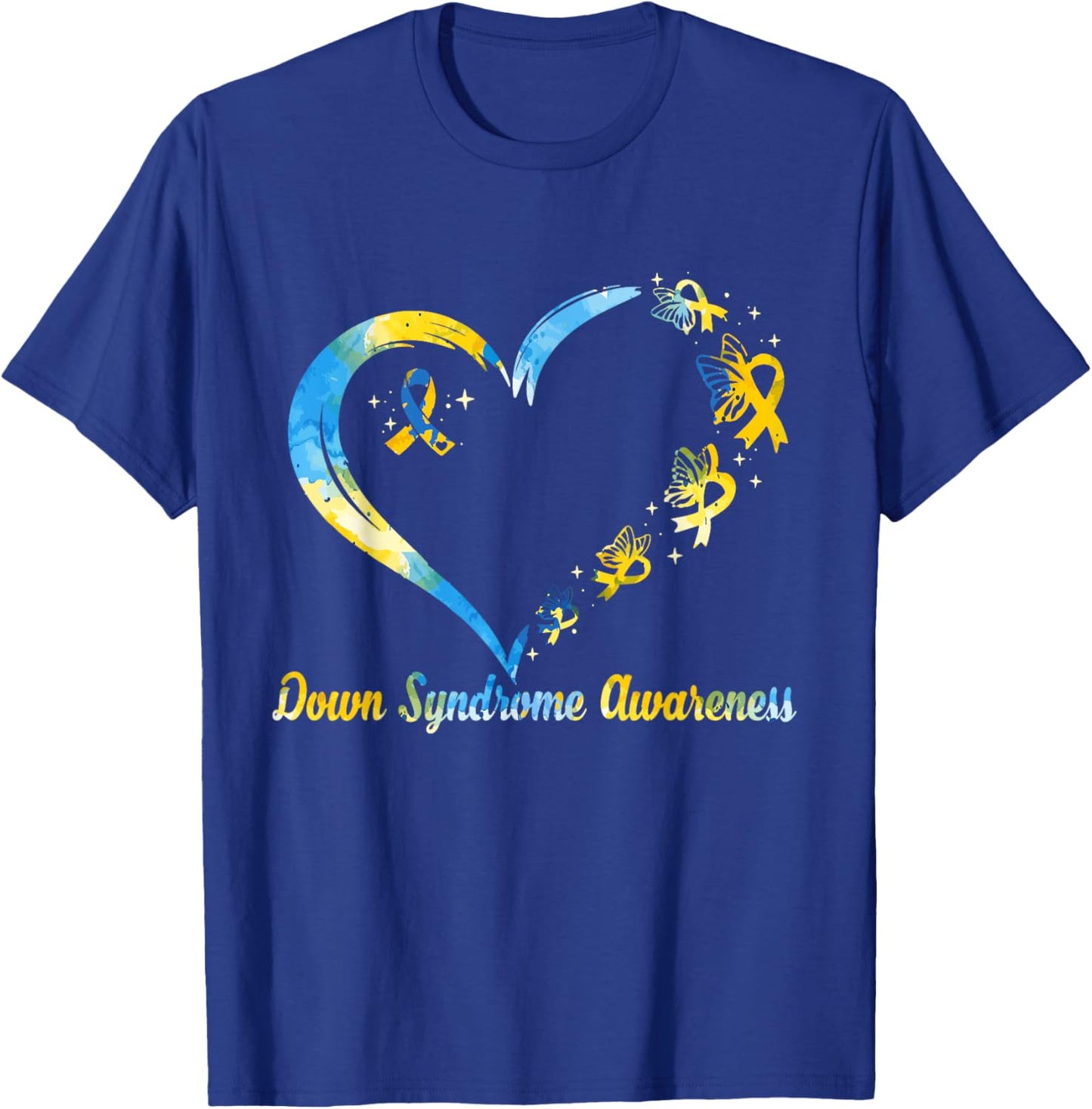 Rainbow Heart Down Syndrome Awareness Blue Yellow Ribbon T-Shirt - T-Shirt | Royal