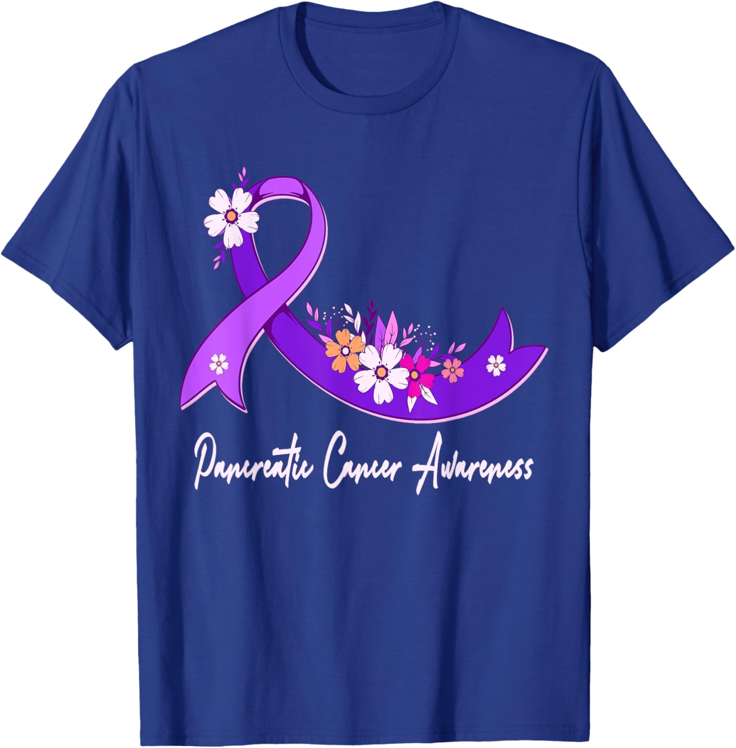 Pancreatic Cancer Awareness Floral Purple Ribbon Support T-Shirt - T-Shirt | Royal