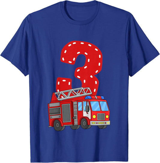 Kids Kids Fire Truck 3rd Birthday Party Toddler Boy 3 Year Old T-Shirt - T-Shirt | Royal