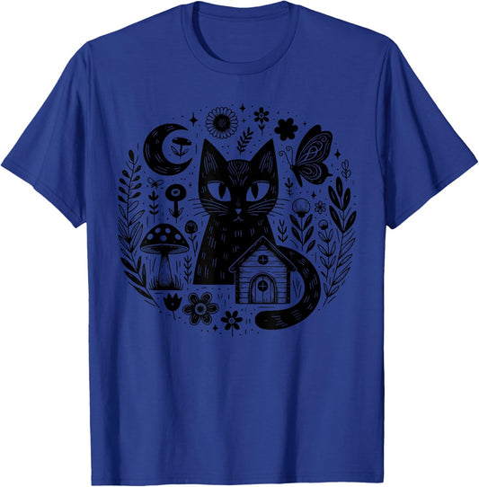 Cute Cat with Flowers Moon Cottagecore Goblincore Mushrooms T-Shirt - T-Shirt | Royal