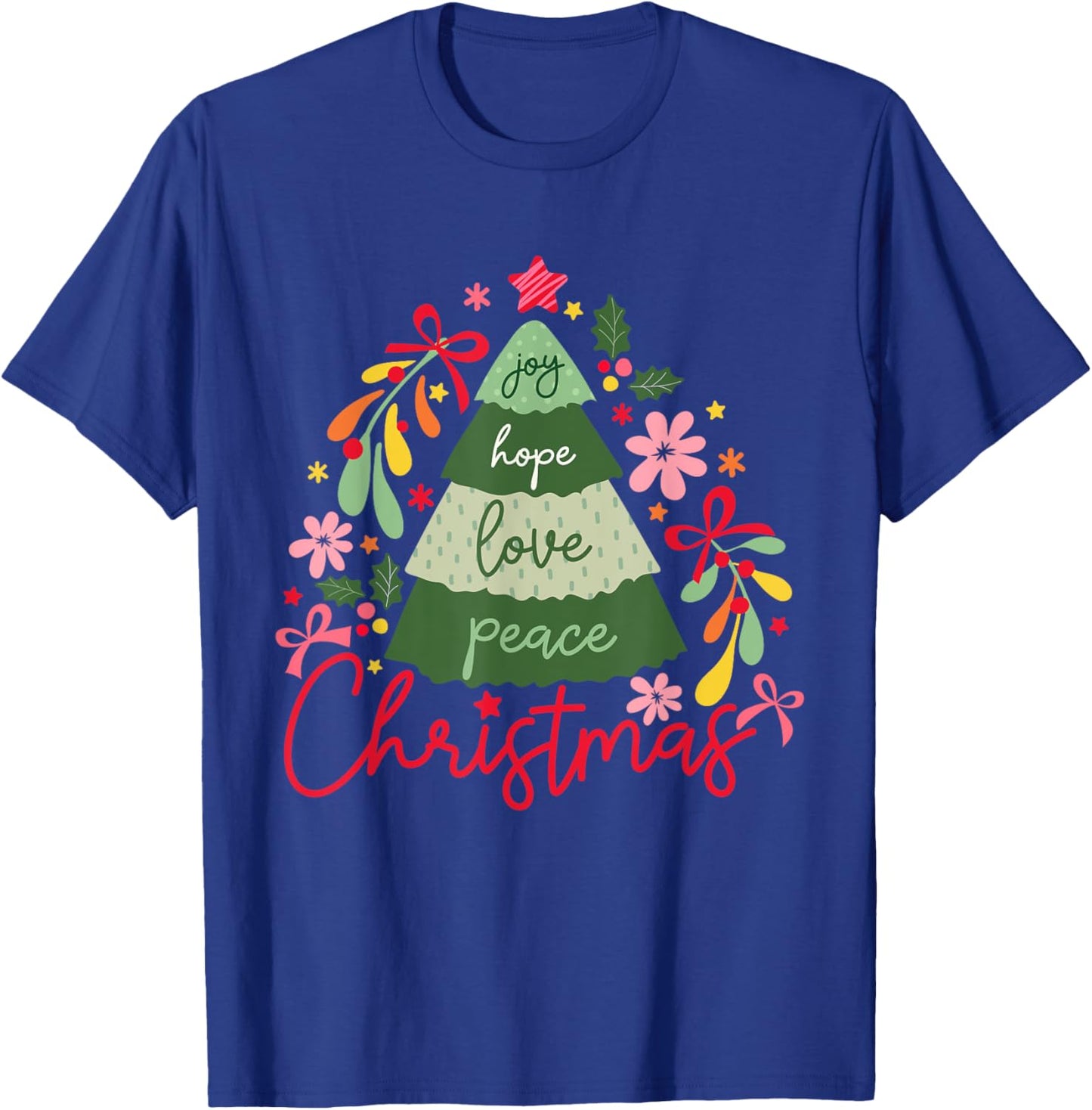Joy Hope Love Peace Christmas Tree Pajama Outfits Holiday T-Shirt - T-Shirt | Royal