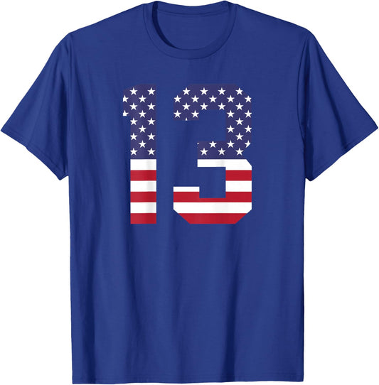 Number 13 BACKSIDE American Flag - Patriotic Jersey Numbered T-Shirt - T-Shirt | Royal