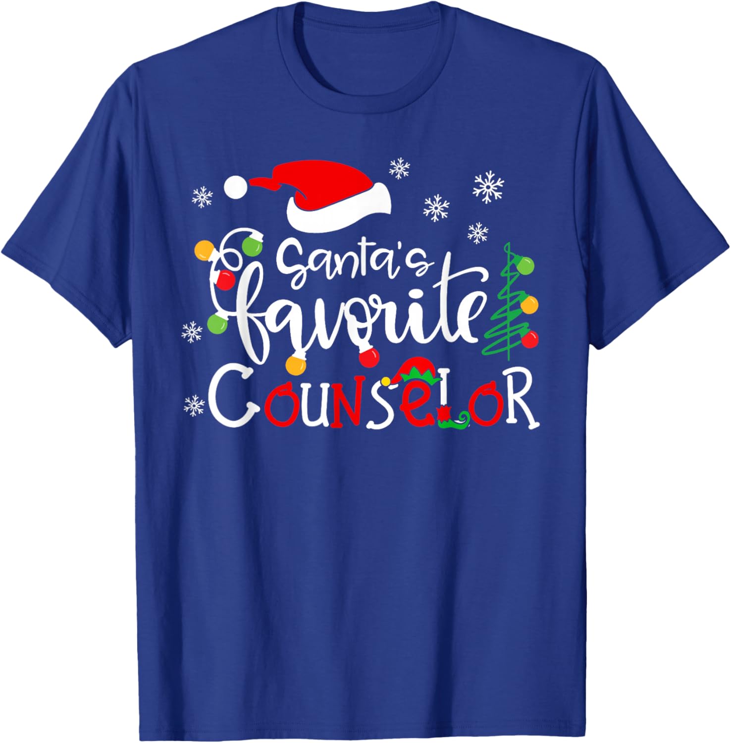 Santas Favorite Counselor Funny Christmas Santa Hat Lights T-Shirt - T-Shirt | Royal