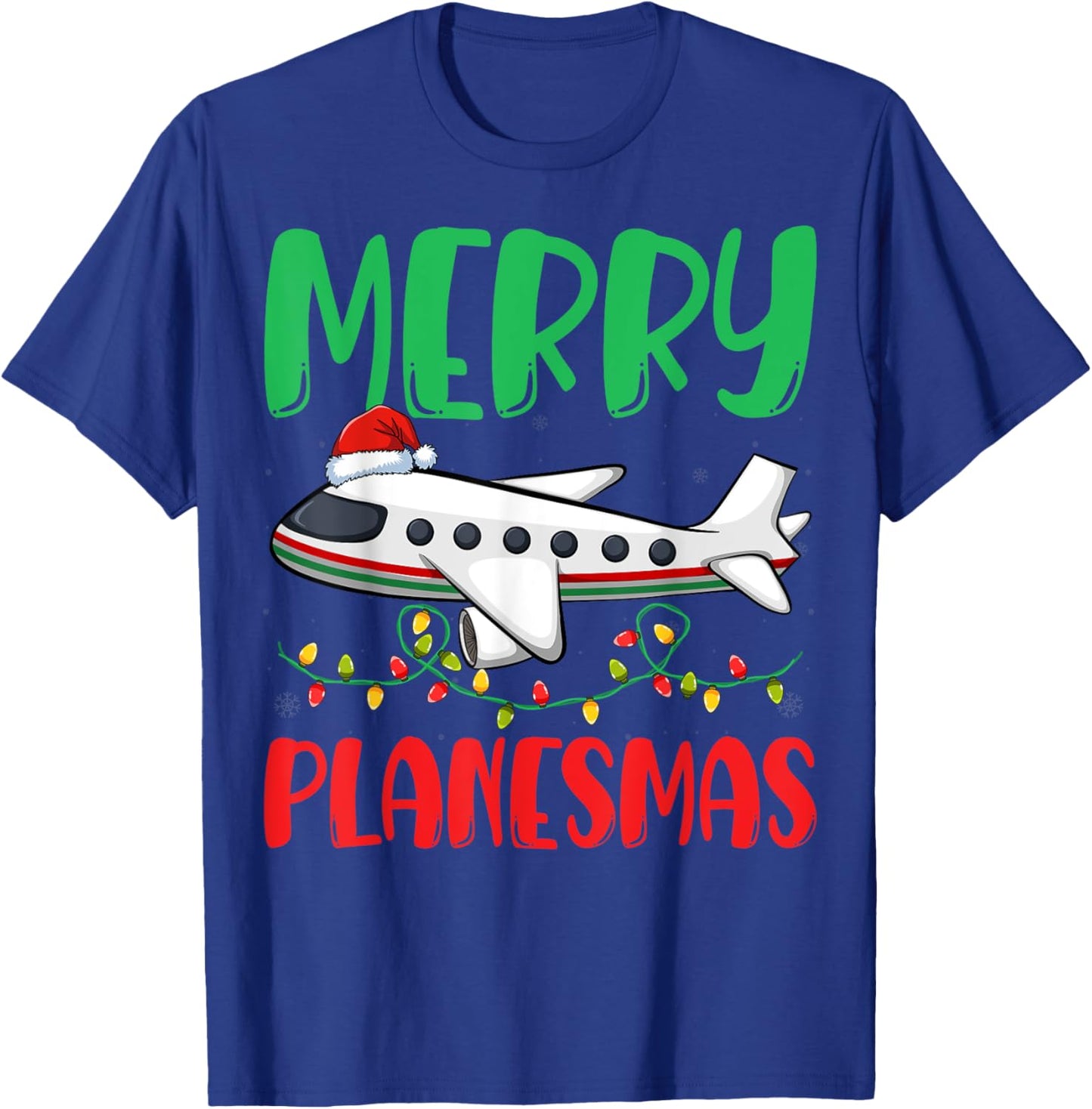 Merry Planesmas Xmas Lights Airplane Pilots Christmas T-Shirt - T-Shirt | Royal