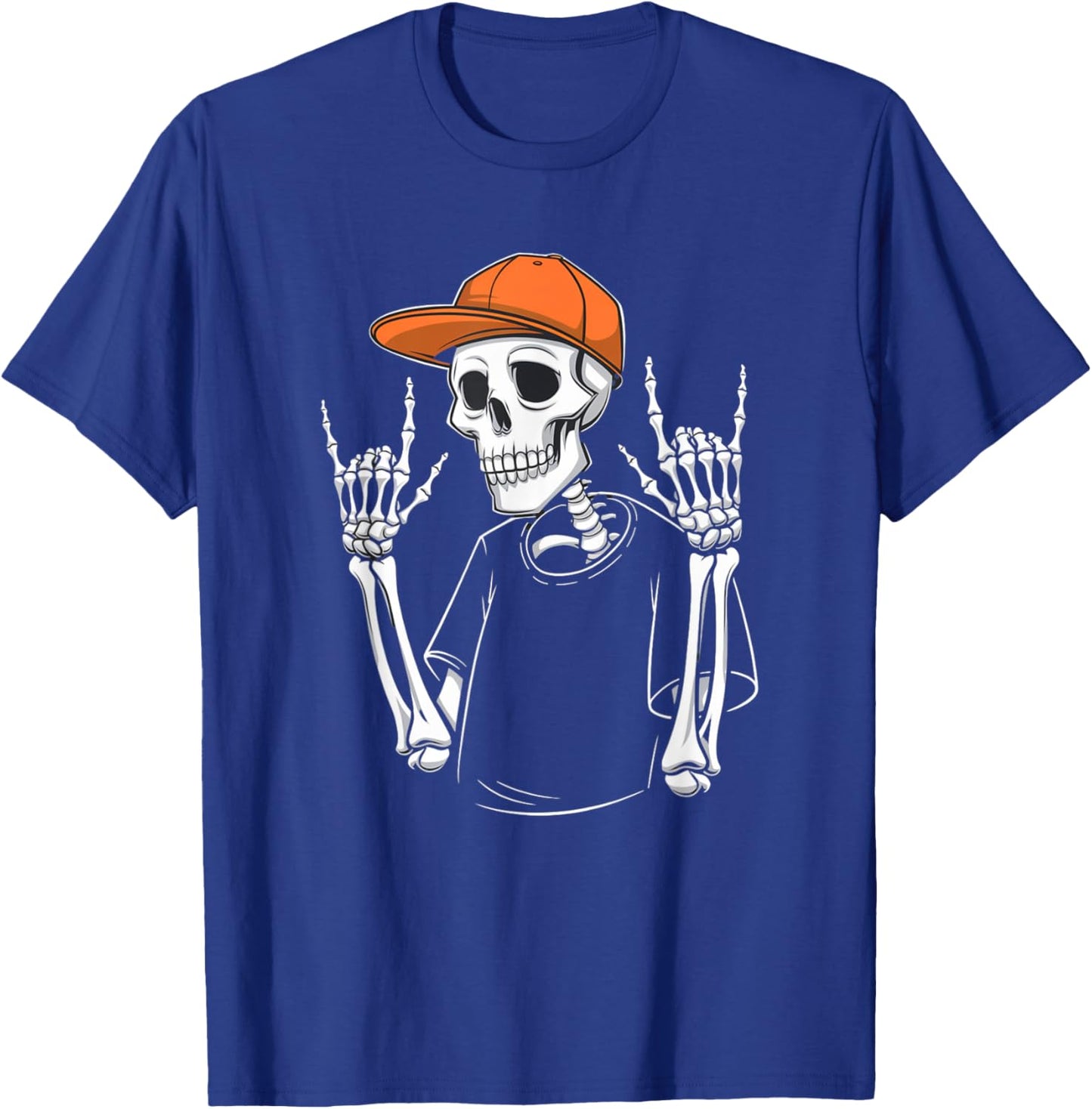 Cool Skeleton Rocking Orange Hat Funny Halloween Skull Art T-Shirt - T-Shirt | Royal