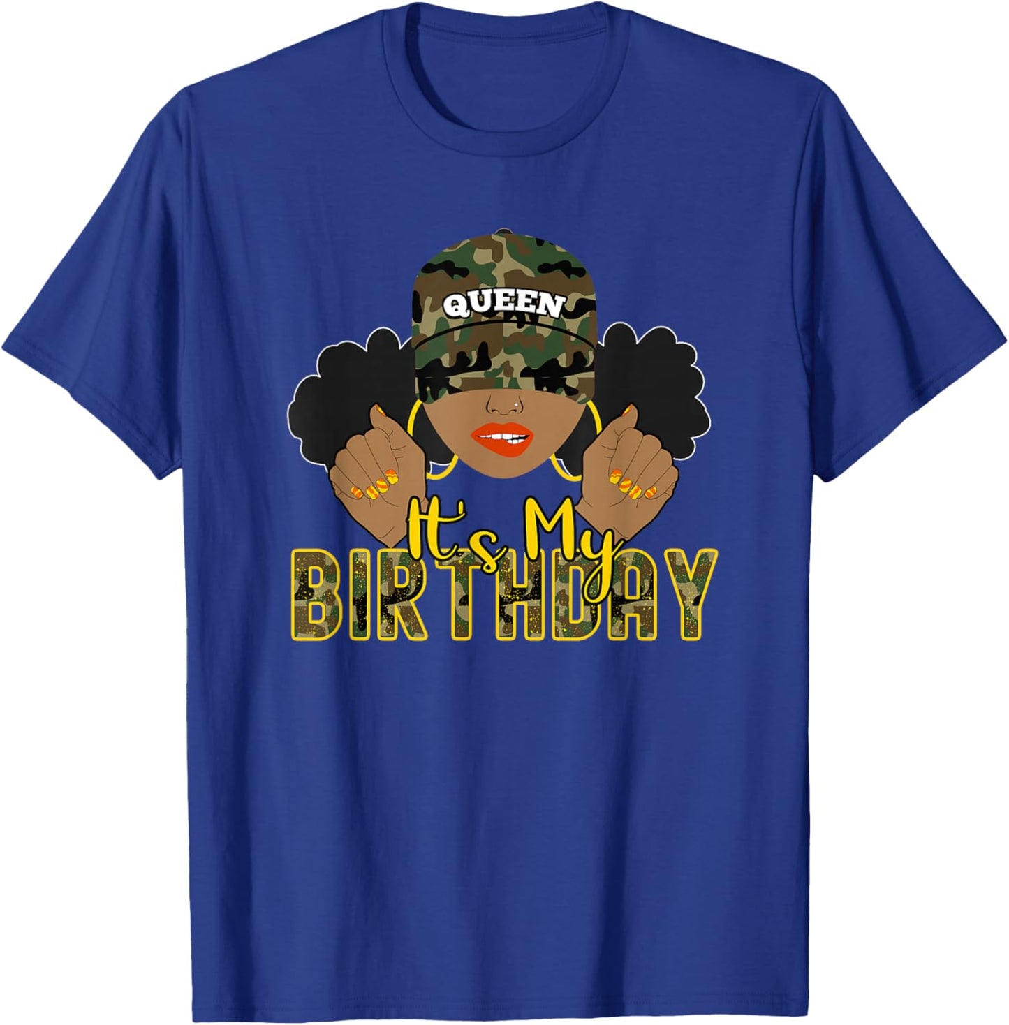 Camo It's My Birthday Girl Camouflage Queen Party Afro Puffs T-Shirt - T-Shirt | Royal