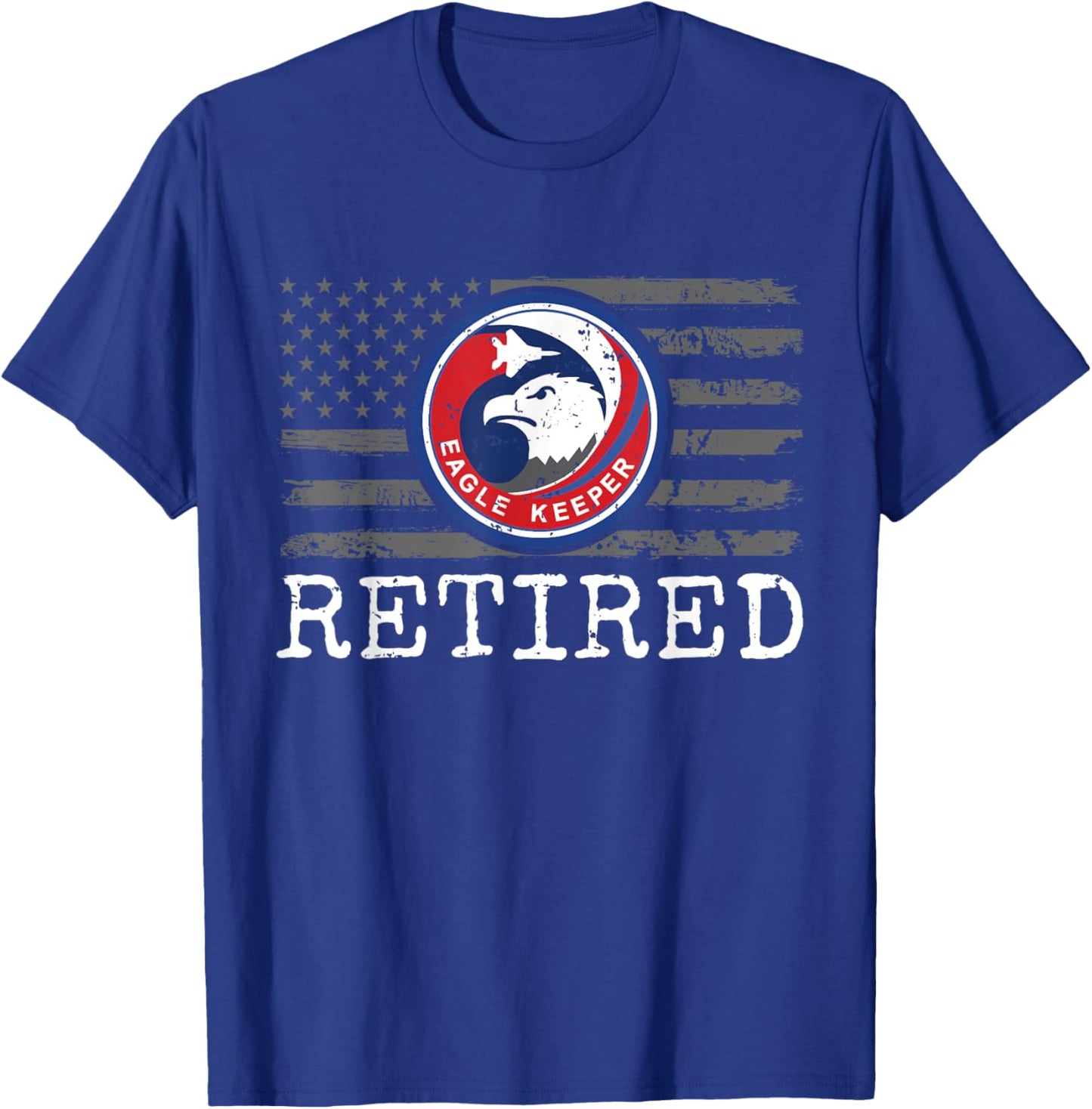 USAF F-15 Eagle Keeper Patch stamped Retired on US Flag T-Shirt - T-Shirt | Royal