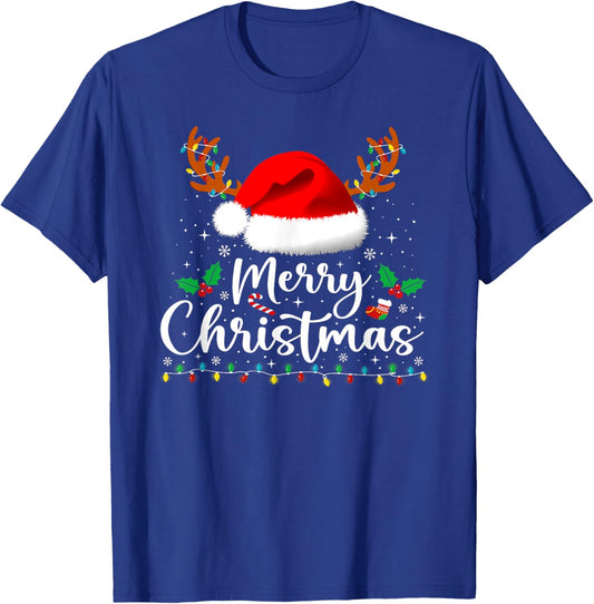 Merry Christmas Reindeer Funny Family Men Women Xmas Lights T-Shirt - T-Shirt | Royal