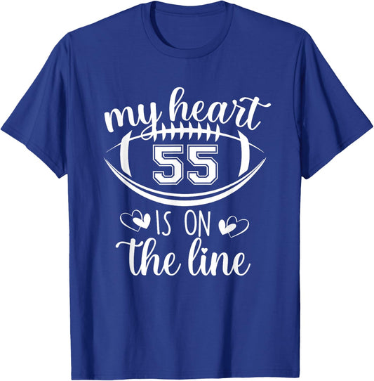 Custom Football Player Number 55 My Heart Is On The Line T-Shirt - T-Shirt | Royal