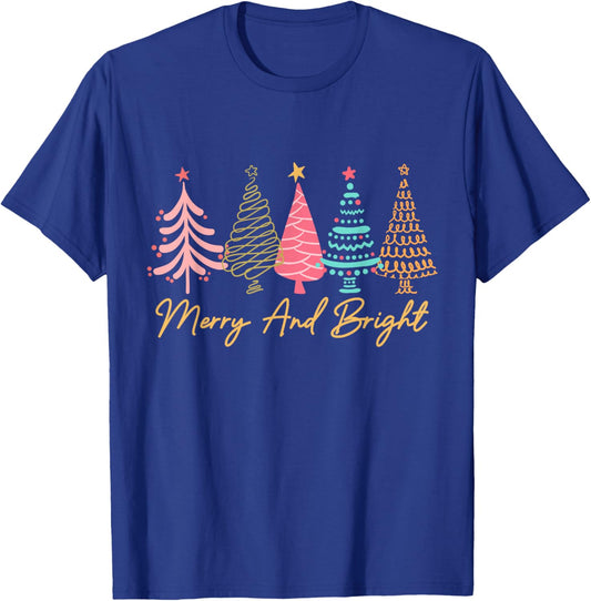 Merry And Bright Christmas Tree Xmas Pajamas Holiday Family T-Shirt - T-Shirt | Royal