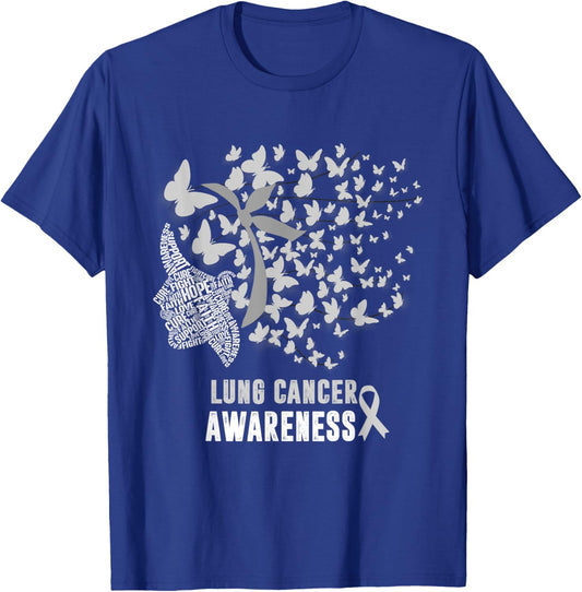 Lung Cancer Awareness Messy Butterfly White Ribbon T-Shirt - T-Shirt | Royal