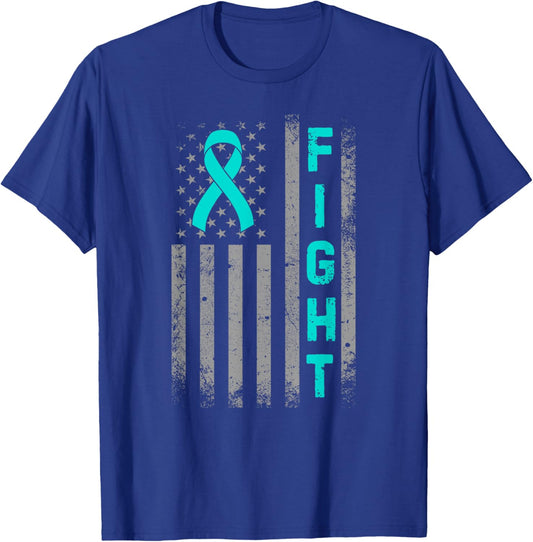 Fight Ovarian Cancer Awareness American US Flag Teal Ribbon T-Shirt - T-Shirt | Royal