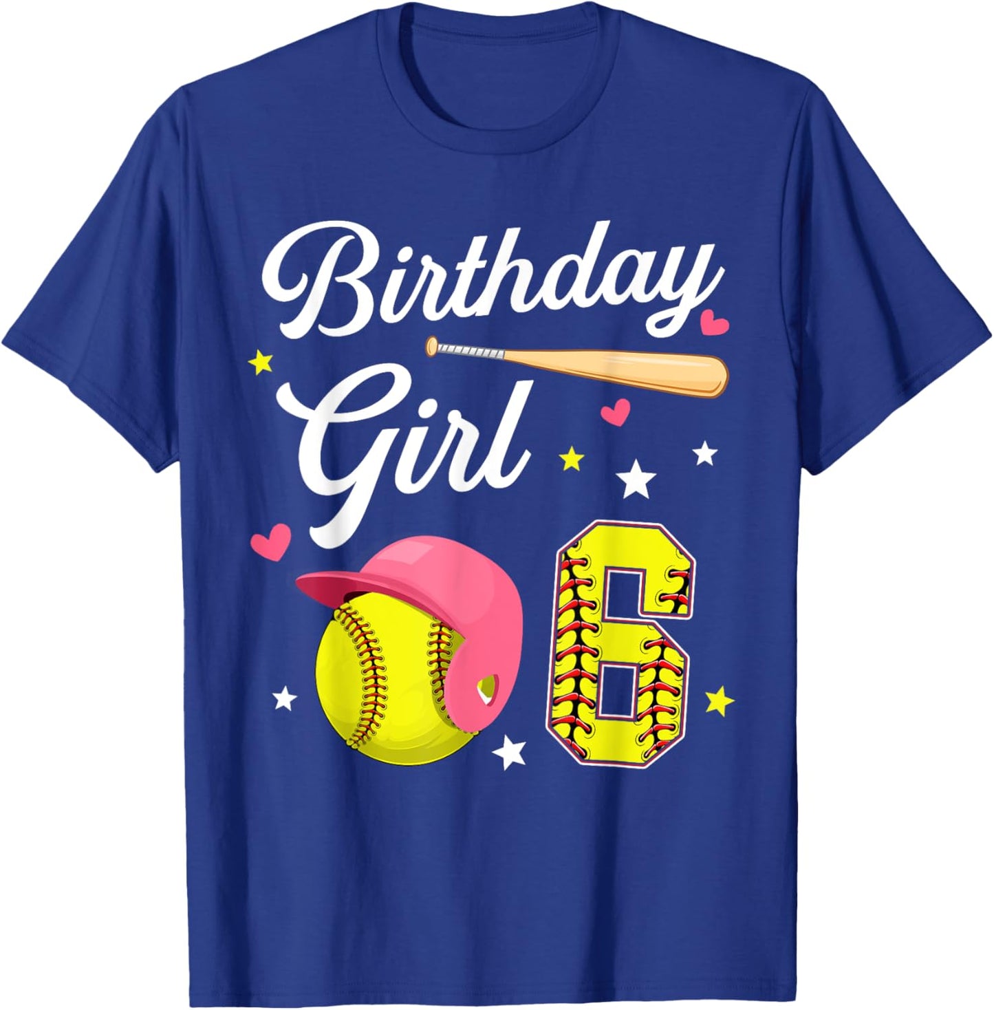 6th Birthday Girl Softball Sixth Bday 6 Yrs Six Years Old T-Shirt - T-Shirt | Royal