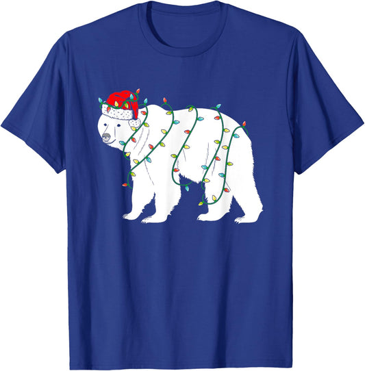 Polar Bear Christmas Santa Hat Lights Xmas Gifts T-Shirt - T-Shirt | Royal