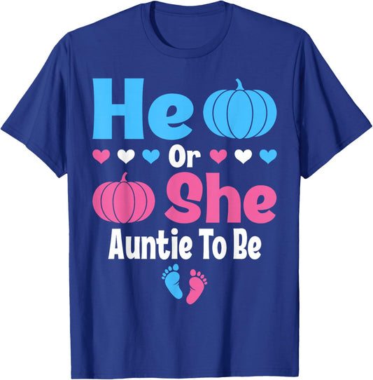 He Or She Auntie To Be Pumpkin Baby Gender Reveal Halloween T-Shirt - T-Shirt | Royal