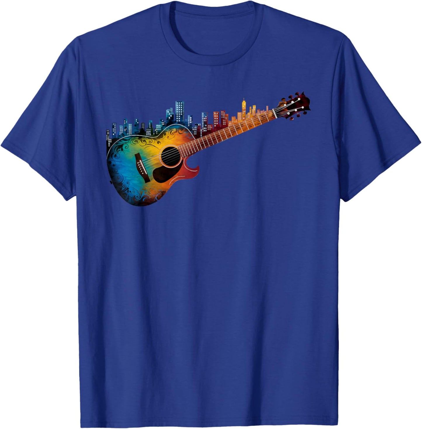 Guitar with City Skyline Band Guitar Musician T-Shirt - T-Shirt | Royal