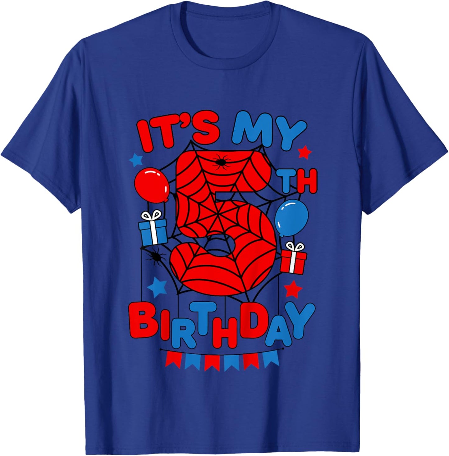 Kids It's My 5th Birthday Spider Theme Party 5 Year Old Boys Kids T-Shirt - T-Shirt | Royal