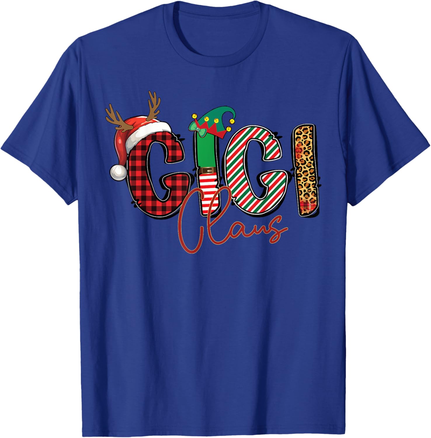 Gigi Claus Santa Hat Reindeer Leopard Plaid Matching Family T-Shirt - T-Shirt | Royal