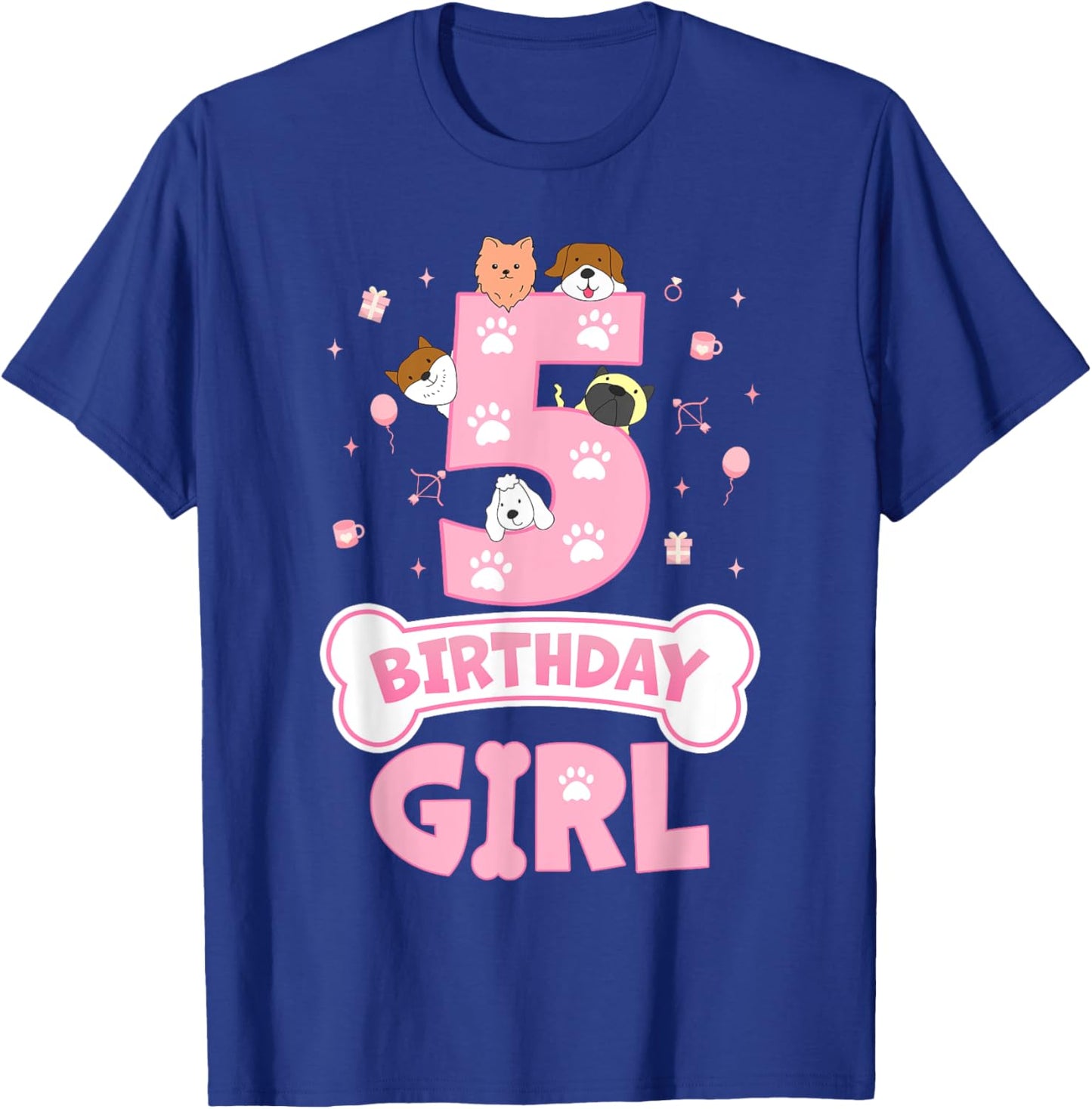 5th Birthday Girl Dog Themed Party 5 Year Old Girl Dog Lover T-Shirt - T-Shirt | Royal