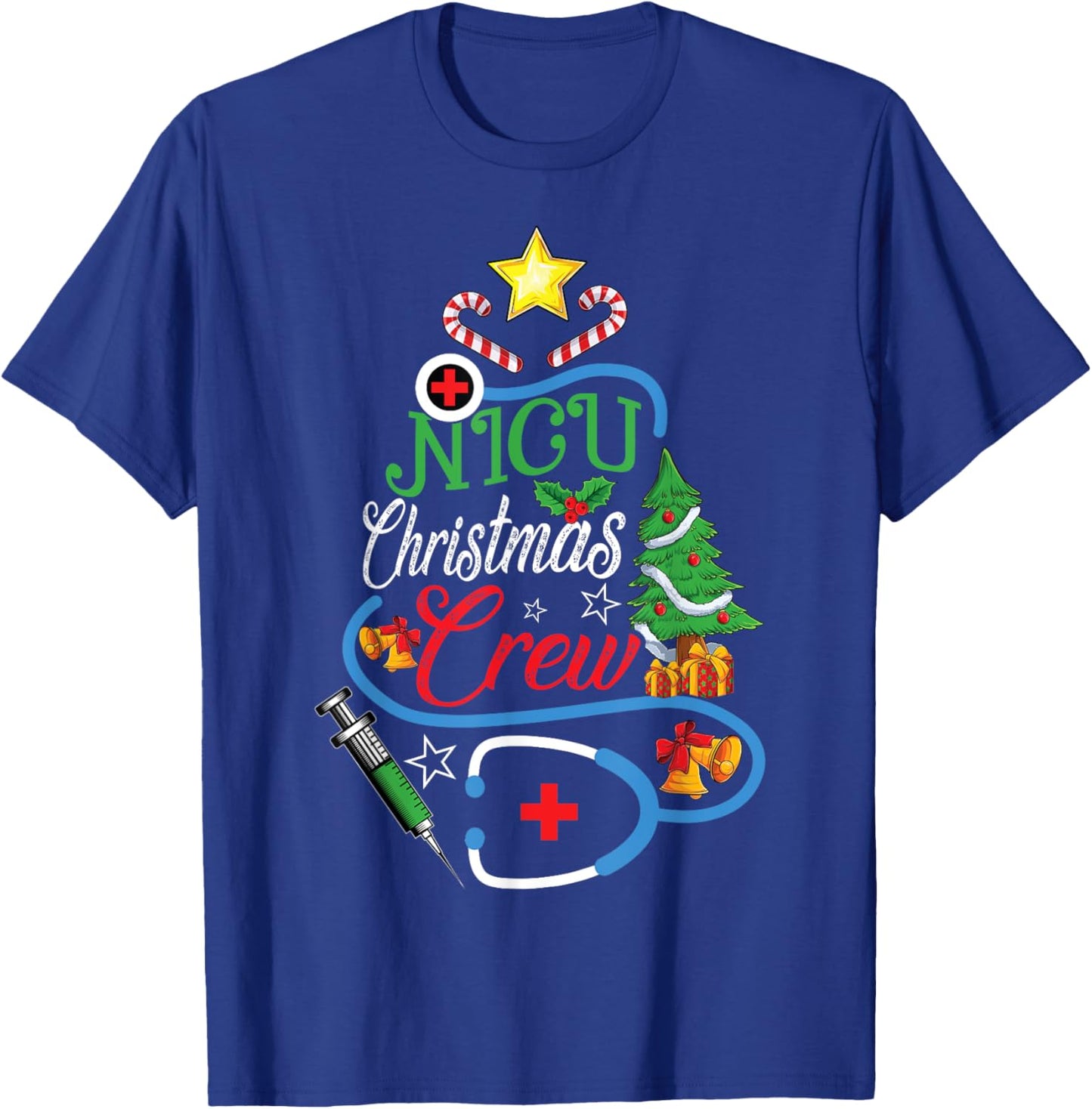 NICU Christmas Crew Stethoscope Neonatal Nursing Xmas T-Shirt - T-Shirt | Royal