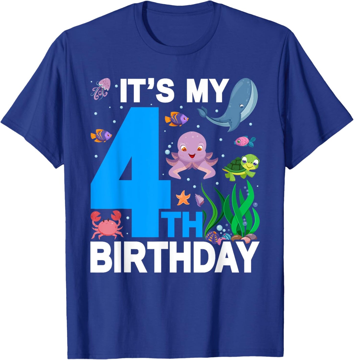 It's My 4th Birthday Party Ocean 4 Years Old Sea Fish B-Day T-Shirt - T-Shirt | Royal