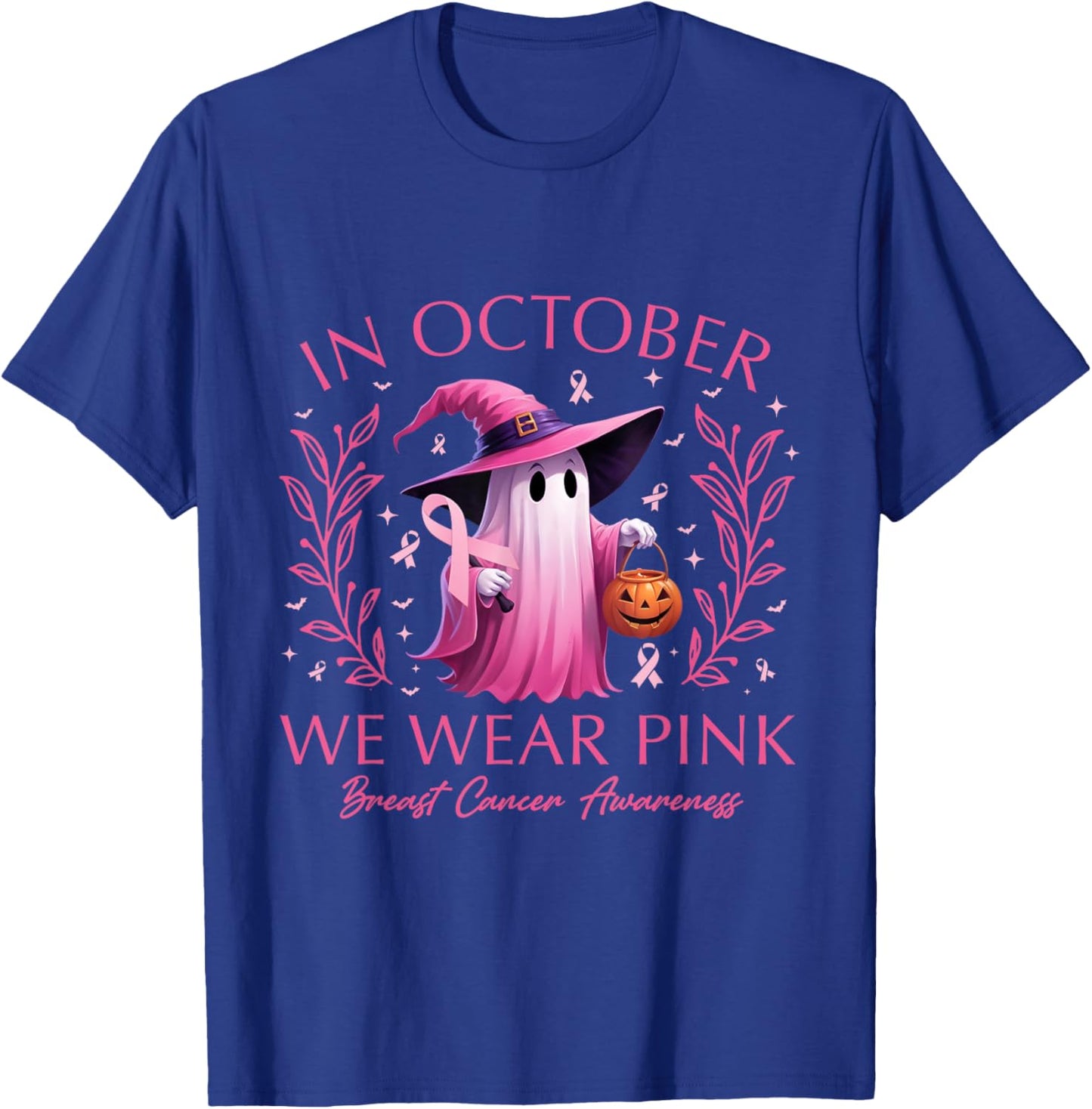 In October We Wear Pink Ghost Witch Breast Cancer Awareness T-Shirt - T-Shirt | Royal