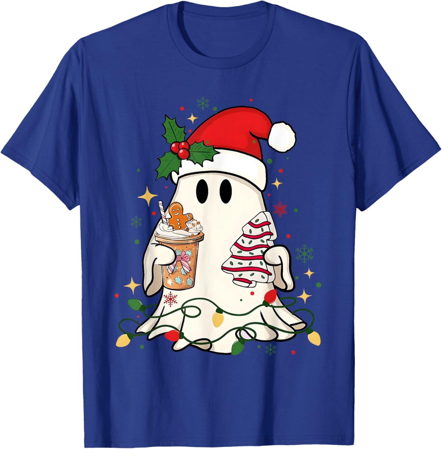 Cute Christmas Ghost Coffee Tree Cake Xmas Lights Boojee T-Shirt - T-Shirt | Royal