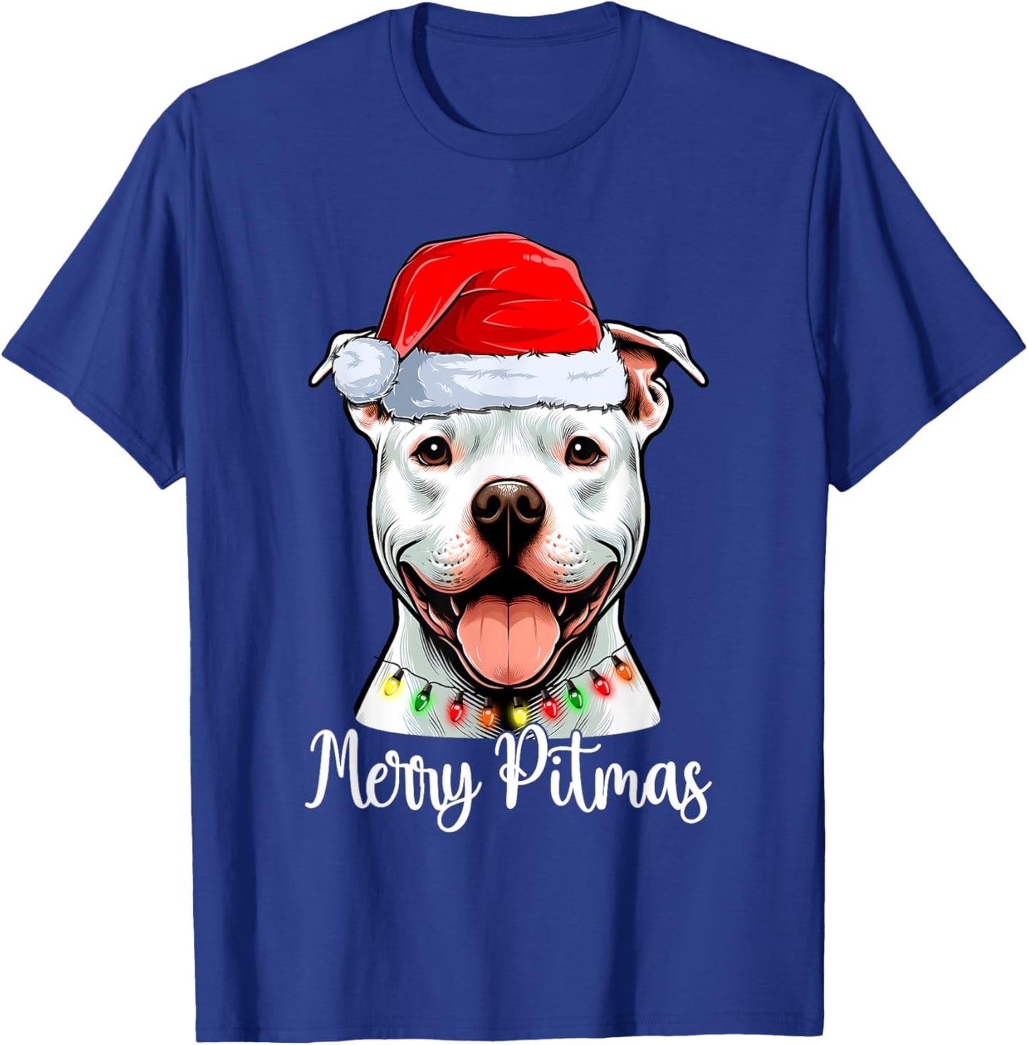Pit Bull Santa Christmas Tree Lights Xmas Merry Pitmas T-Shirt - T-Shirt | Royal