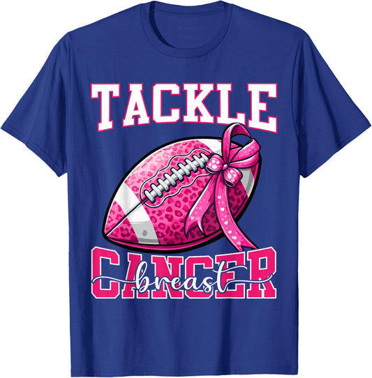 Tackle Breast Cancer Football Women Mom Bow Cancer Awareness T-Shirt - T-Shirt | Royal