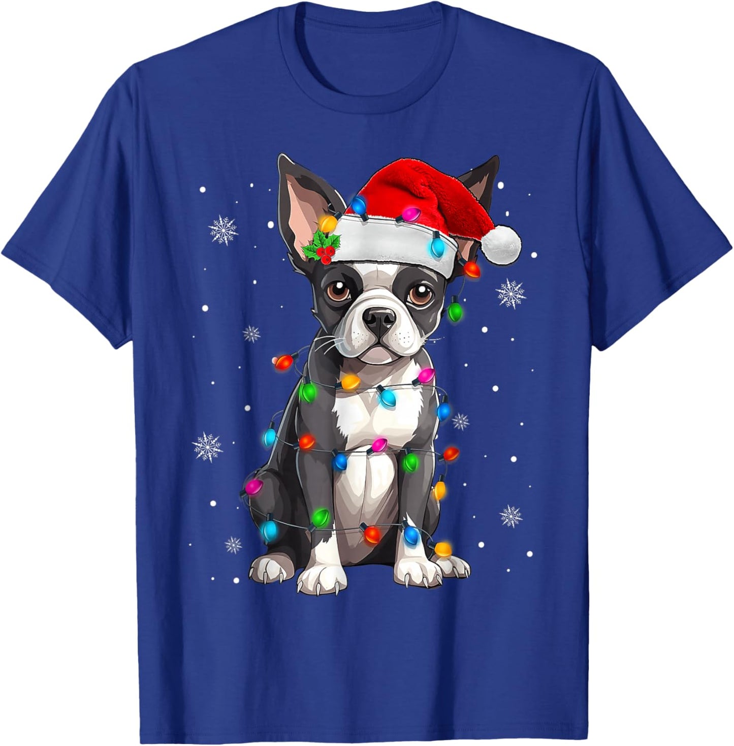 Boston Terrier Christmas Santa Hat Tree Lights Pajama T-Shirt - T-Shirt | Royal