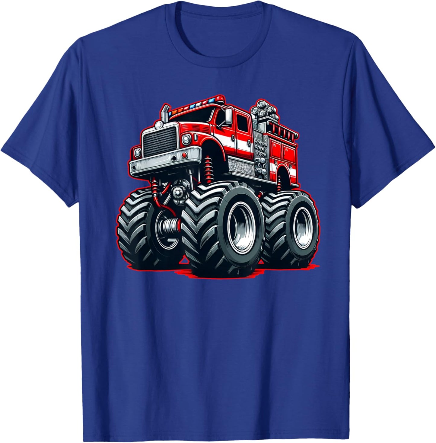 Big Wheels Fire Truck Monster Truck Firefighter Kids Boys T-Shirt - T-Shirt | Royal