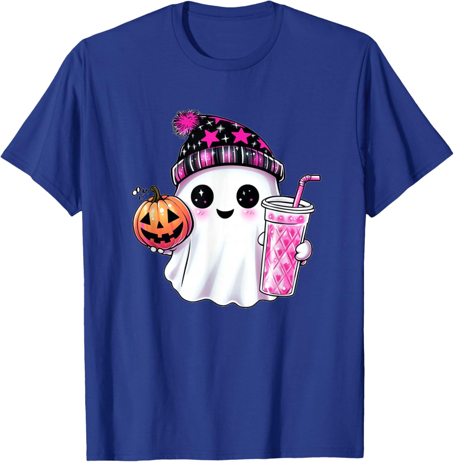 Cute Ghost Drinking Coffee Halloween Ghost Ice Coffee T-Shirt - T-Shirt | Royal