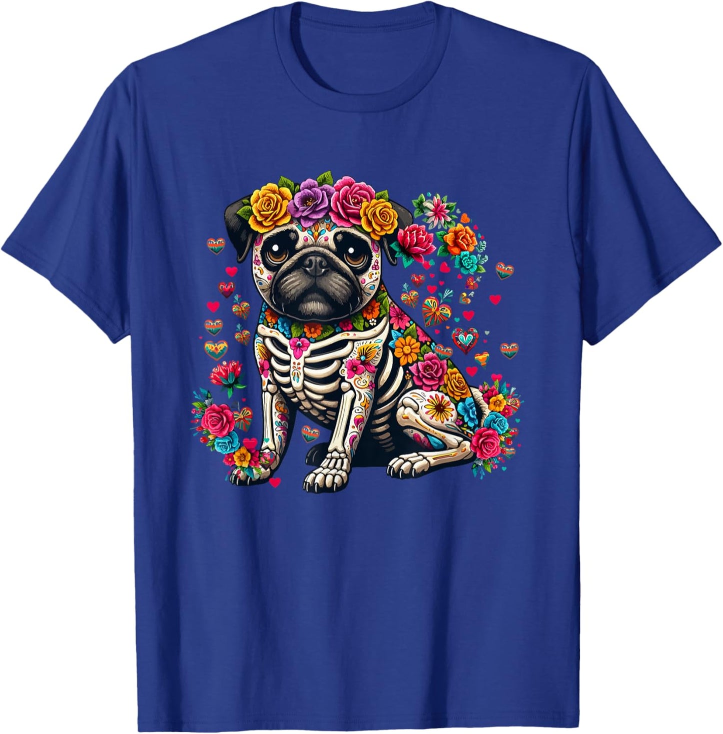 Pug Floral Skeleton Dia De Los Muertos Mexican Lover Owner T-Shirt - T-Shirt | Royal
