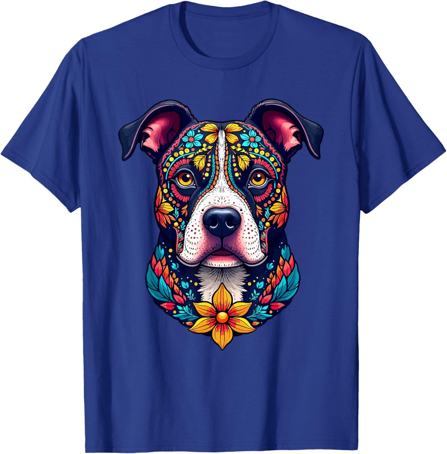 Mexican Sugar Skull Pitbull Dog Dia de Muertos Halloween Day T-Shirt - T-Shirt | Royal