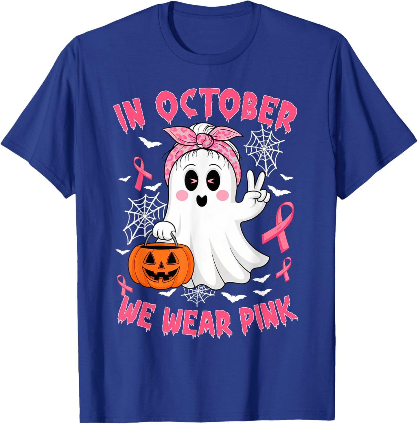 Breast Cancer Awareness In October We Wear Pink Cute Ghost T-Shirt - T-Shirt | Royal