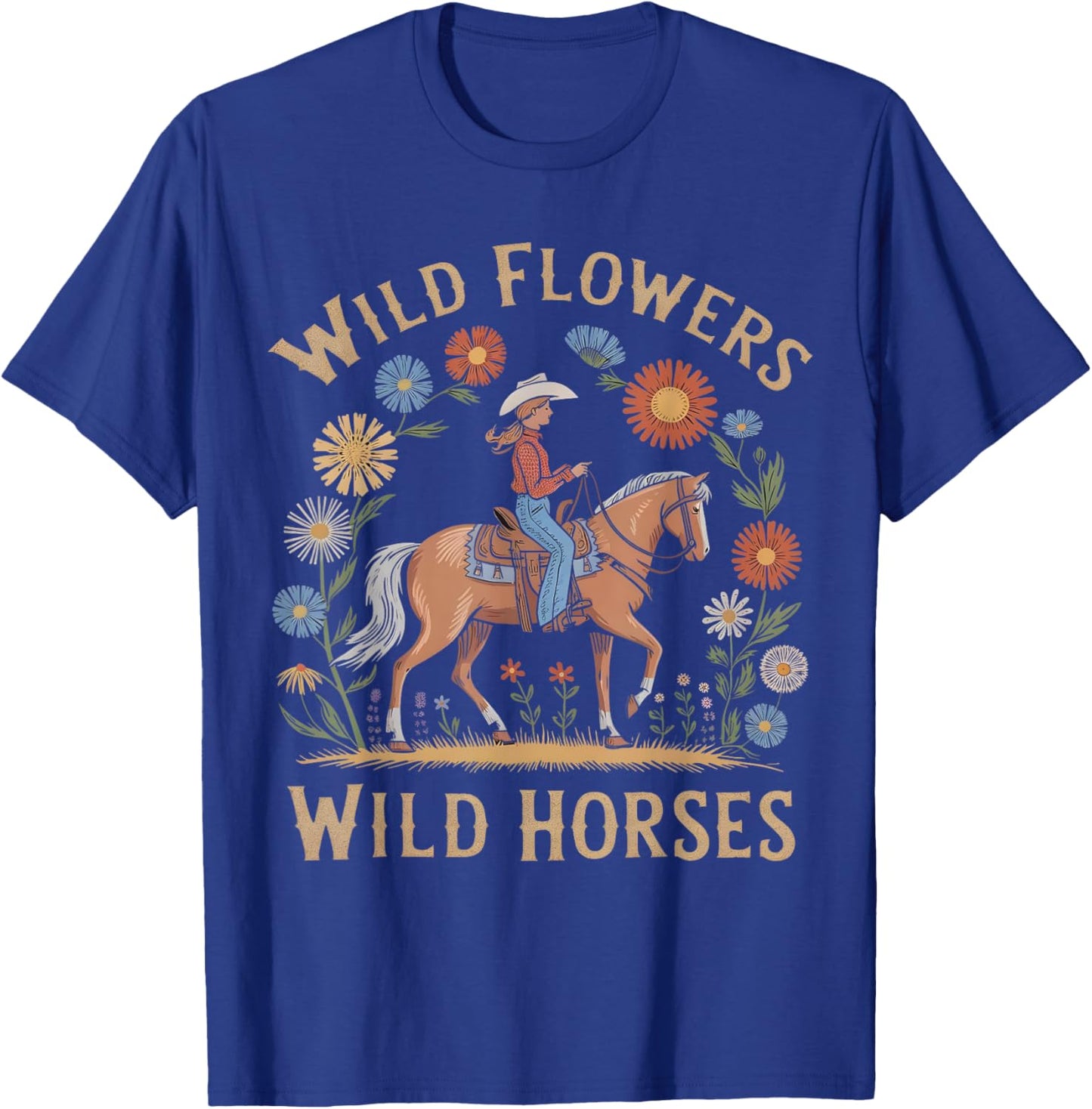 Retro Southern Sunset Wild Cowgirl Flowers - Wild Horses T-Shirt - T-Shirt | Royal