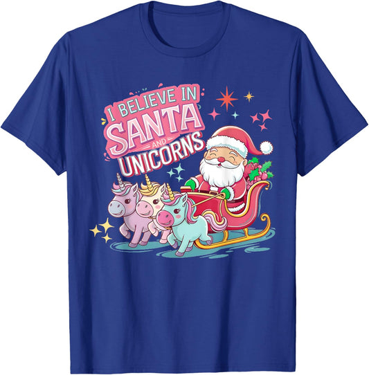 Christmas I Believe In Santa And Unicorns Funny Xmas Pajama T-Shirt - T-Shirt | Royal