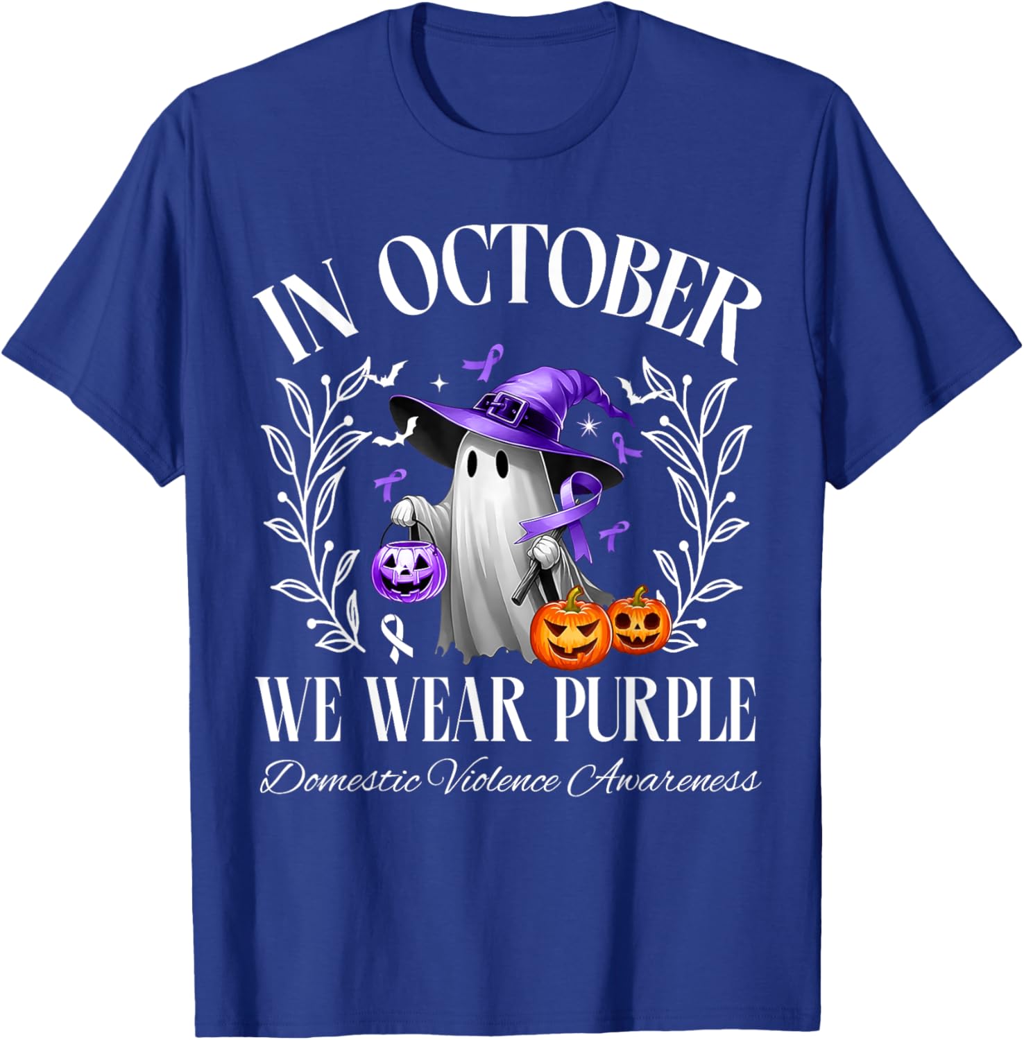 In October We Wear Purple Domestic Violence Ghost Halloween T-Shirt - T-Shirt | Royal
