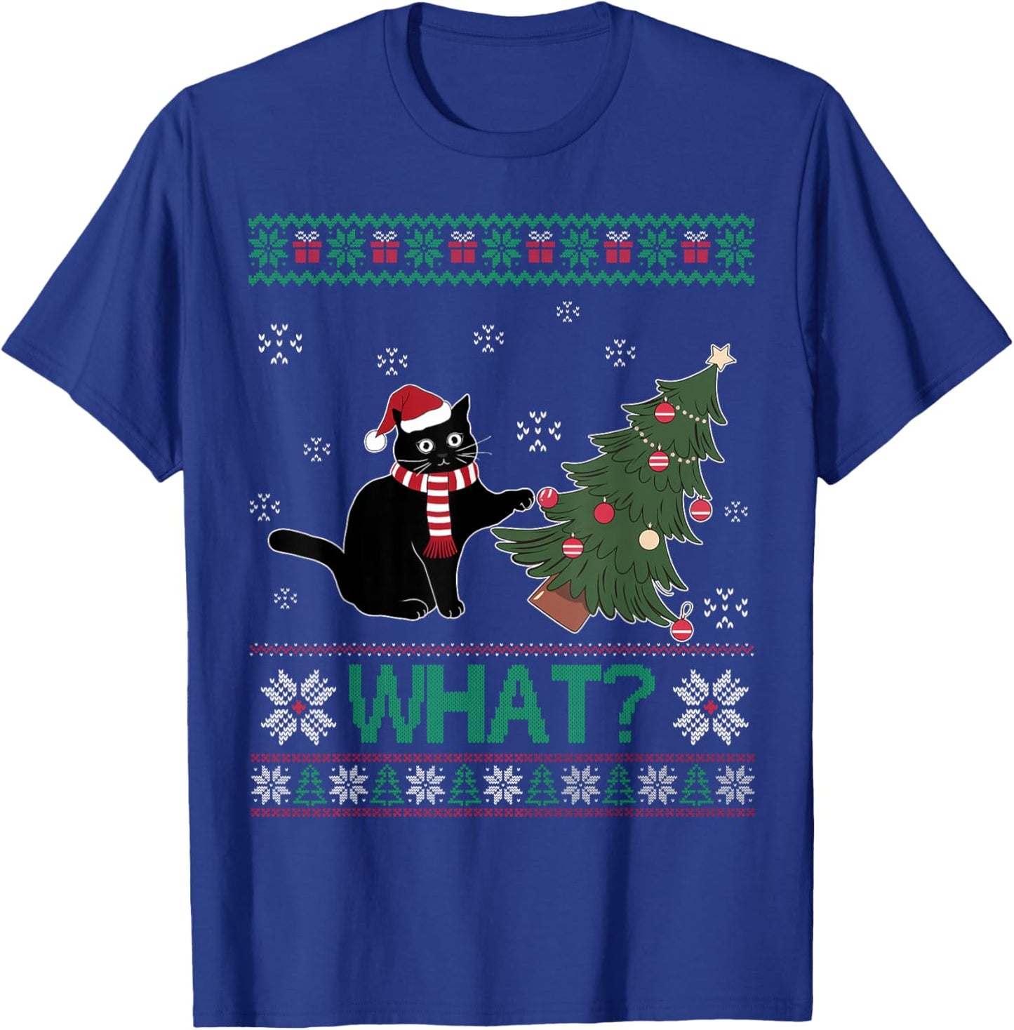 Black Cat What Pushing Christmas Tree Funny Cat Xmas Gifts Men Women Kids T-Shirt - T-Shirt | Royal