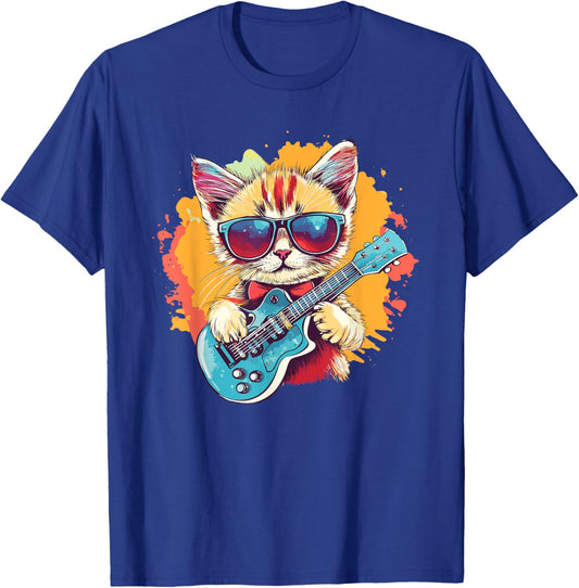 Cat Playing Guitar With Sunglasses Style Women Kids T-Shirt - T-Shirt | Royal