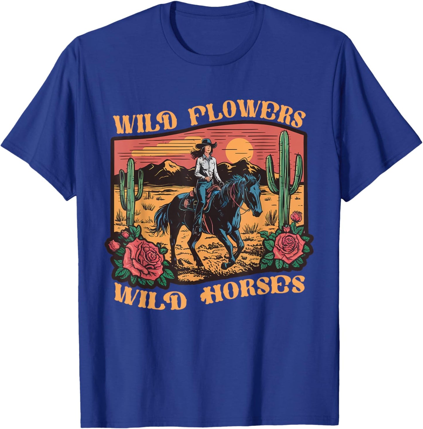 Vintage Sunset Cowgirl Riding Horse Wildflowers Women Girls T-Shirt - T-Shirt | Royal