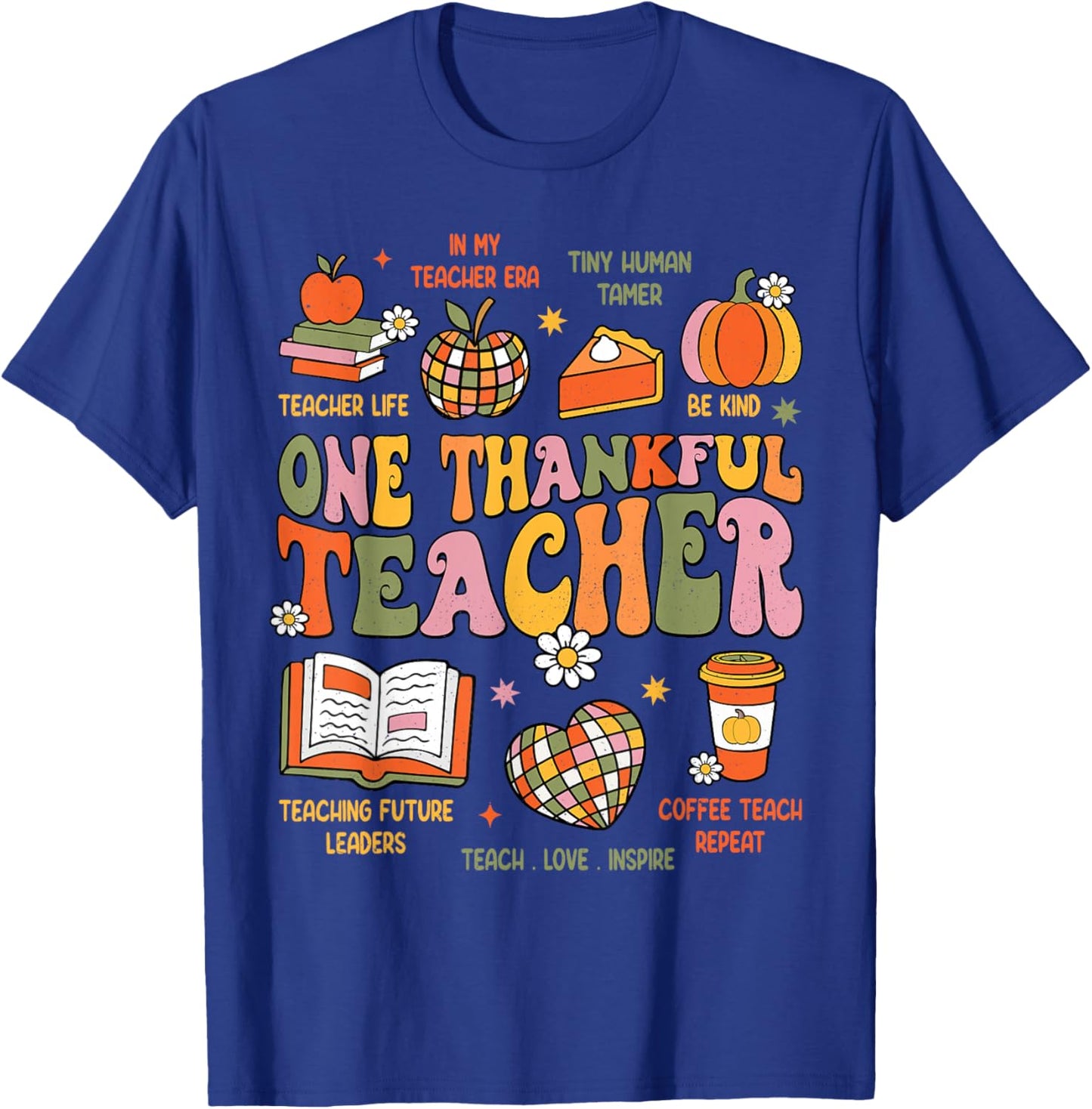 One Thankful Teacher Retro Groovy Teacher Thanksgiving Fall T-Shirt - T-Shirt | Royal