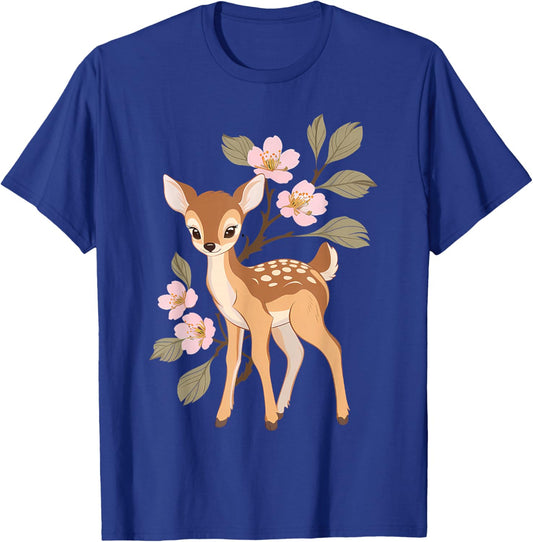 Cute Kawaii Japanese Graphic Deer Sakura Cherry Blossom T-Shirt - T-Shirt | Royal